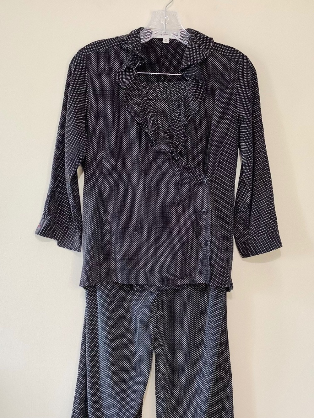 Ines de la Fressange Pajama Set Ruffle Wrap Top Wide‑Leg Pants Navy Blue Dot